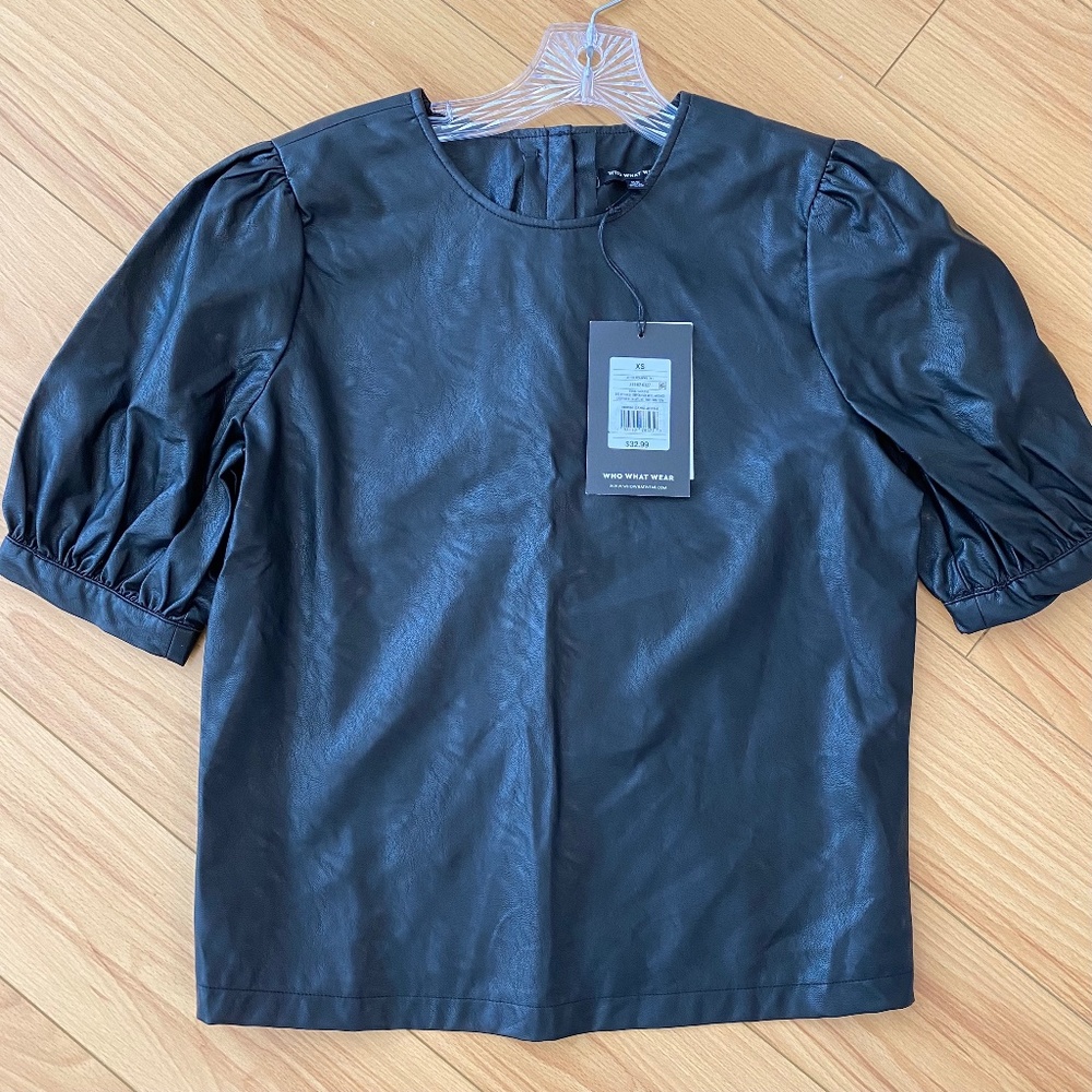 Who What Wear Faux Leather Puff Sleeve Top - XS